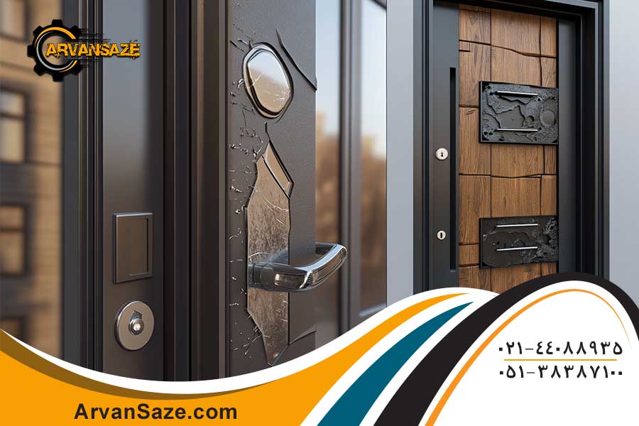 تصویر دو درب ضد سرقت در کنار هم، یک درب از نمای دور و یک درب از نمای نزدیک قفل و دستگیره ضد سرقت